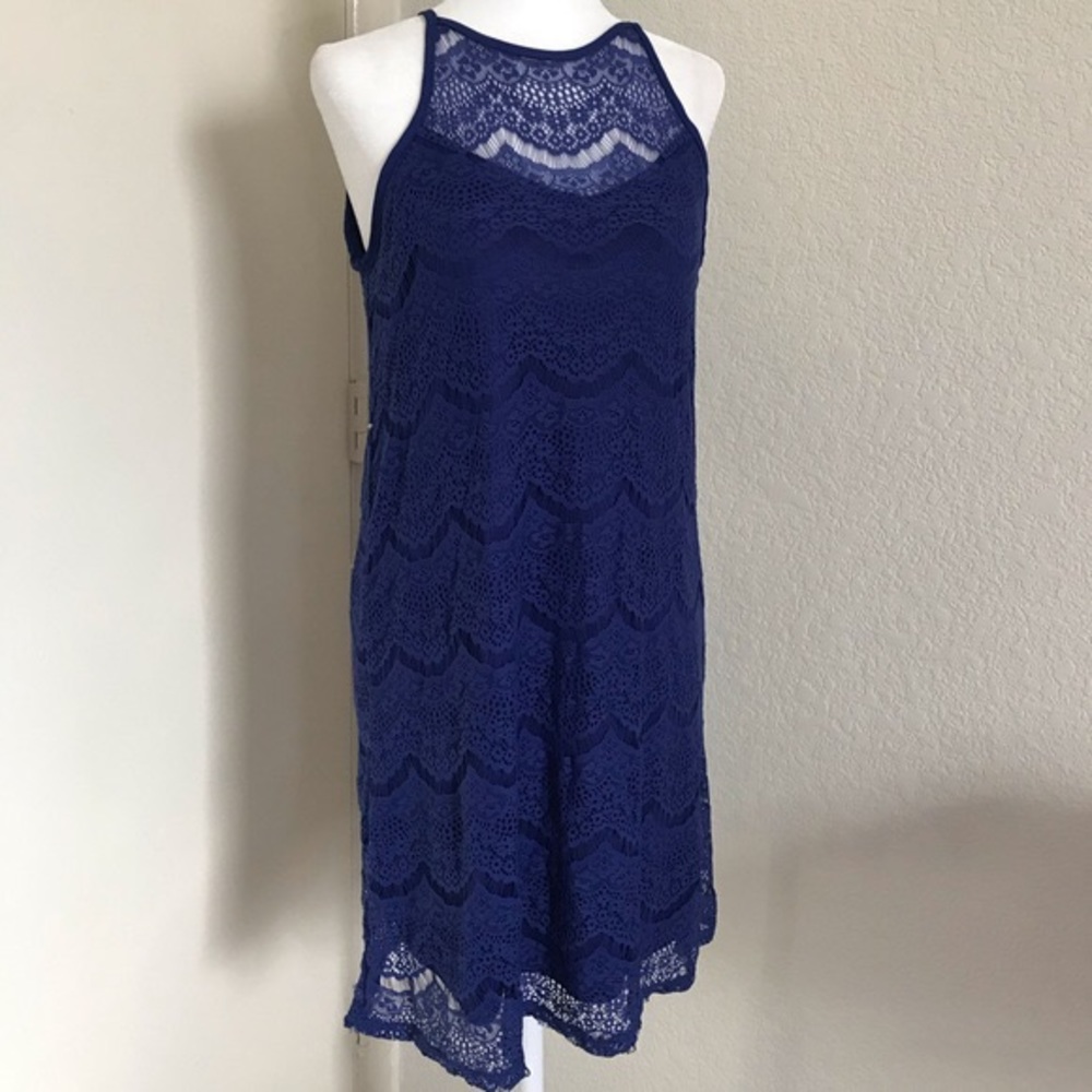 Blue Rain Lace A-Line High Neck Dress